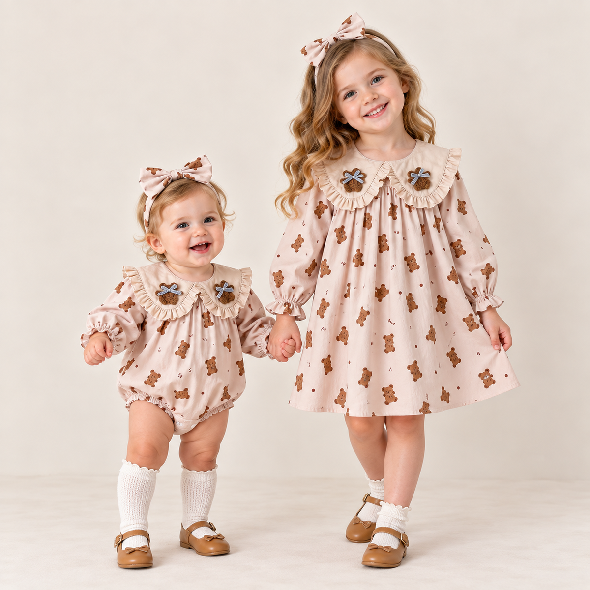 (Pre Order 2 Weeks)Sisters Fall Bear Print Collar Dress&Romper