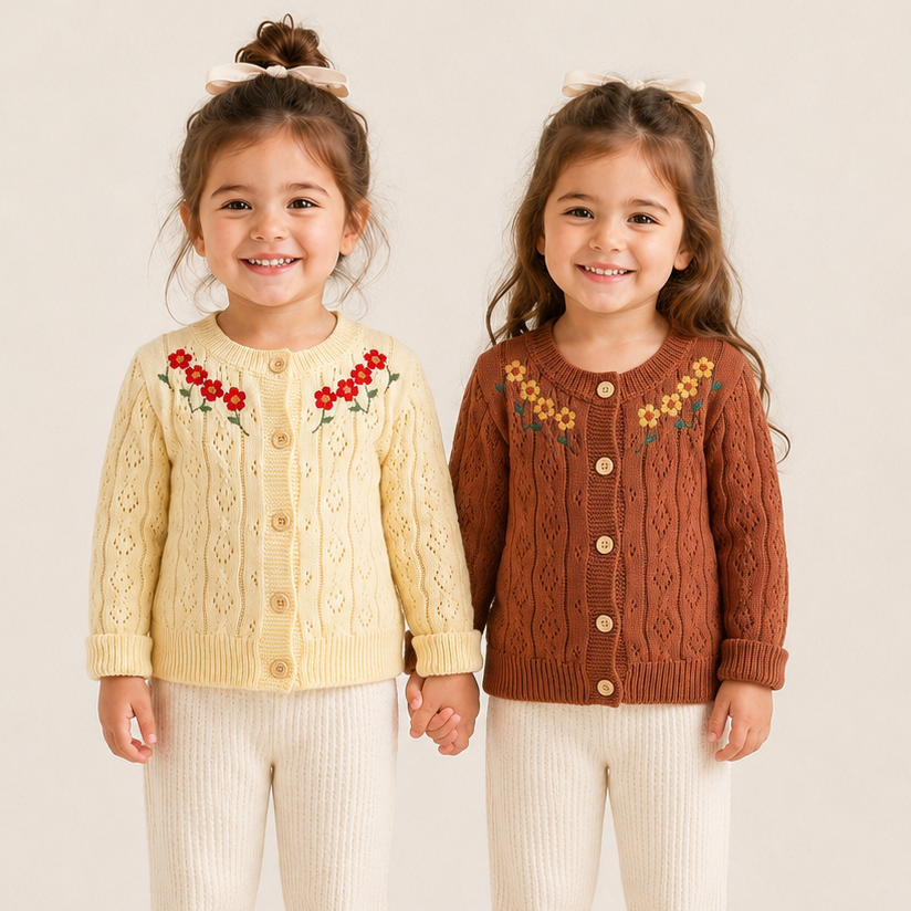 (Pre Order 2 Weeks)Girls Fall Floral Embroidery Knitted Cardigan