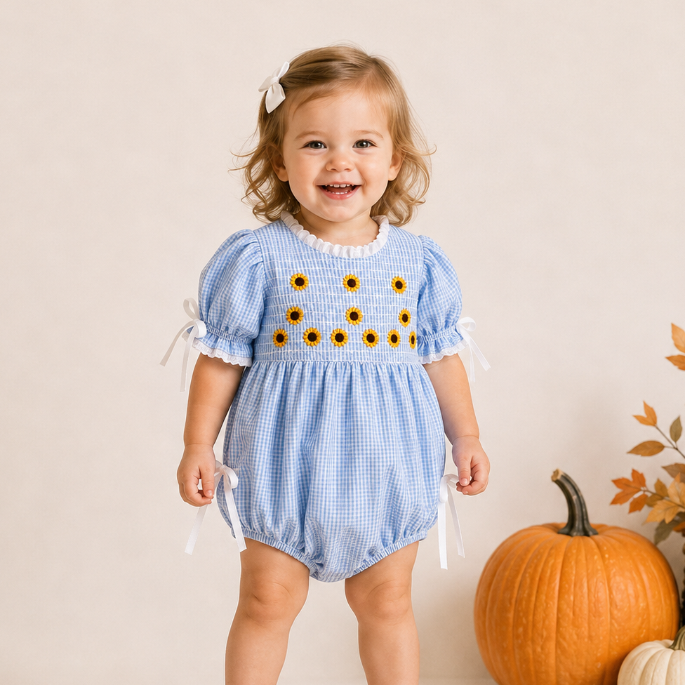 (In Stock)Toddler Girls Sunflower Embroidery Smocked Cotton Romper