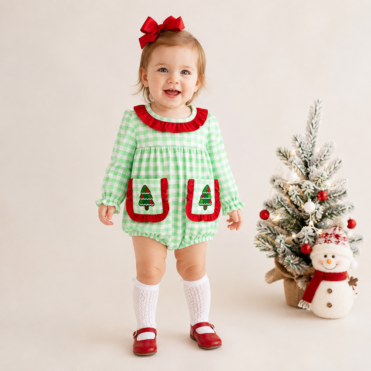 (In Stock)Toddler Girls Christmas Tree Embroidery Romper with Pockets