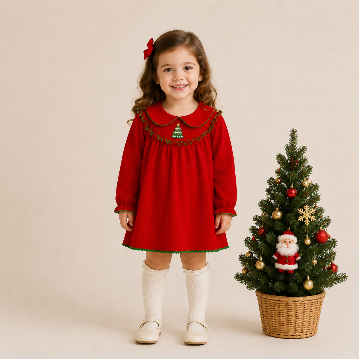 (In Stock)Girls Christmas Tree Embroidery Cotton Dress