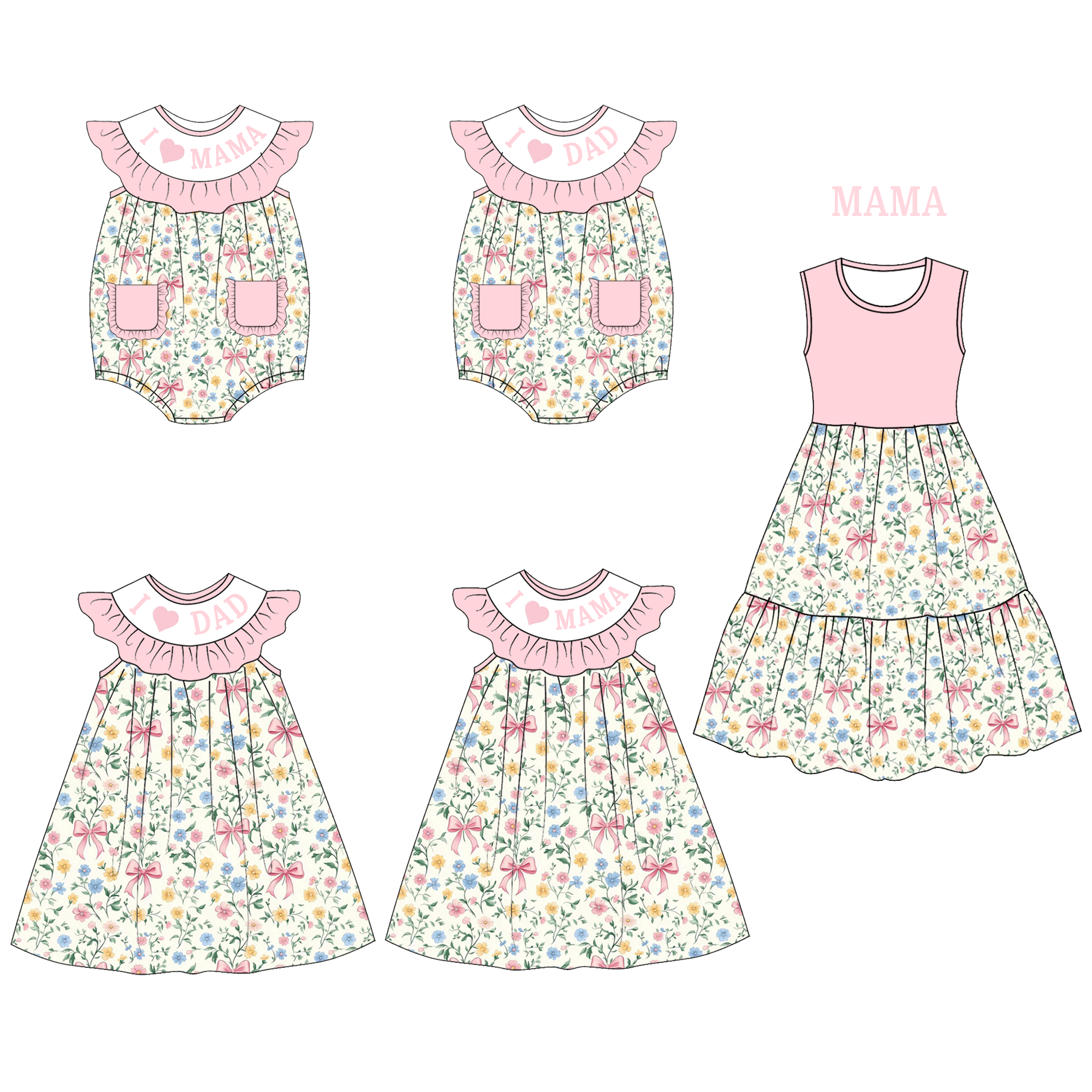 (Pre Order)Mommy and Me I♥MAMA,I♥DAD Embroidery Smocked Dress,Romper