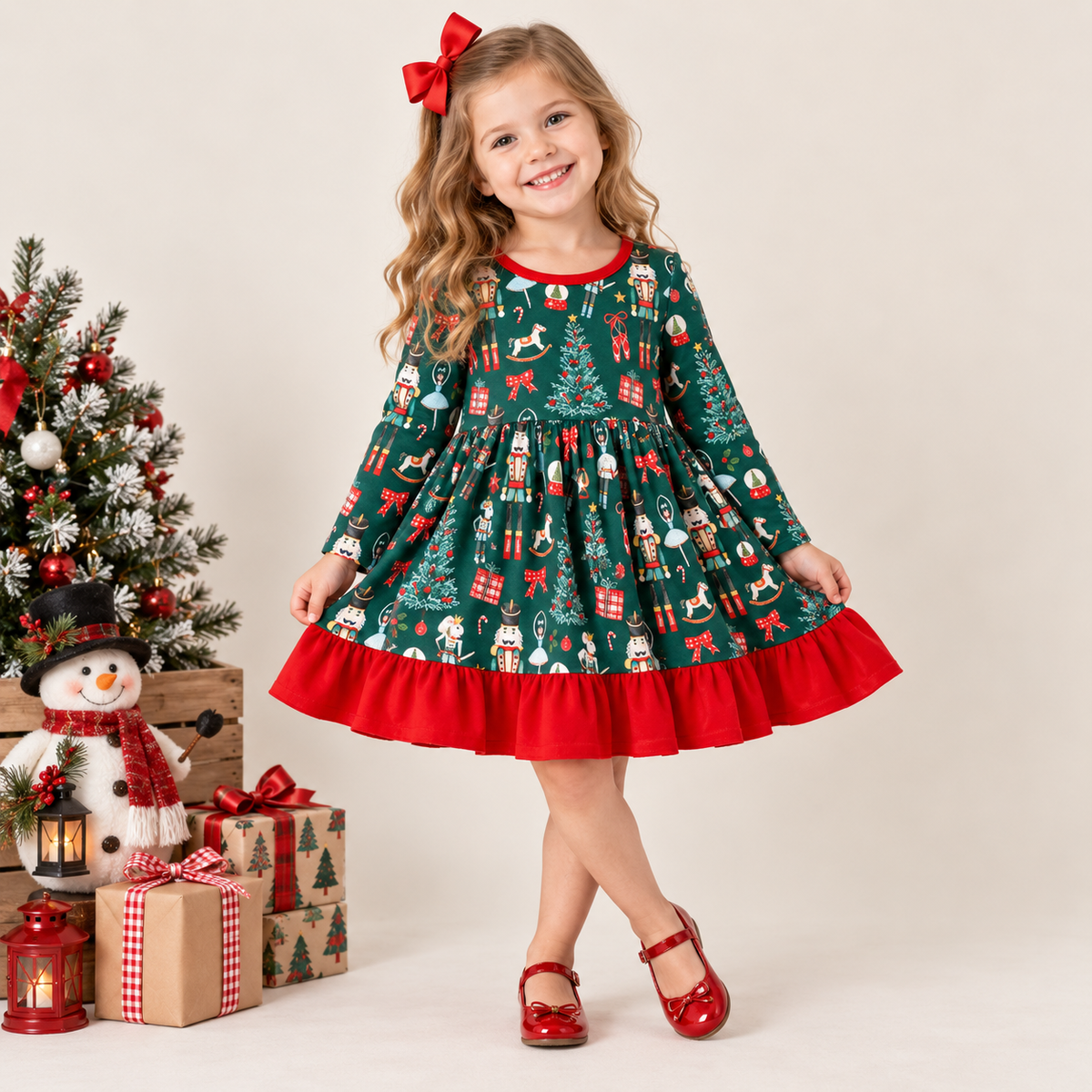 (In Stock)Girls Christmas Print Ruffle Dress