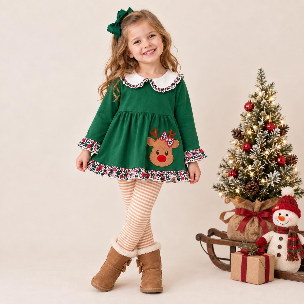 (In Stock)Girls Christmas Elk Applique Outfit Set