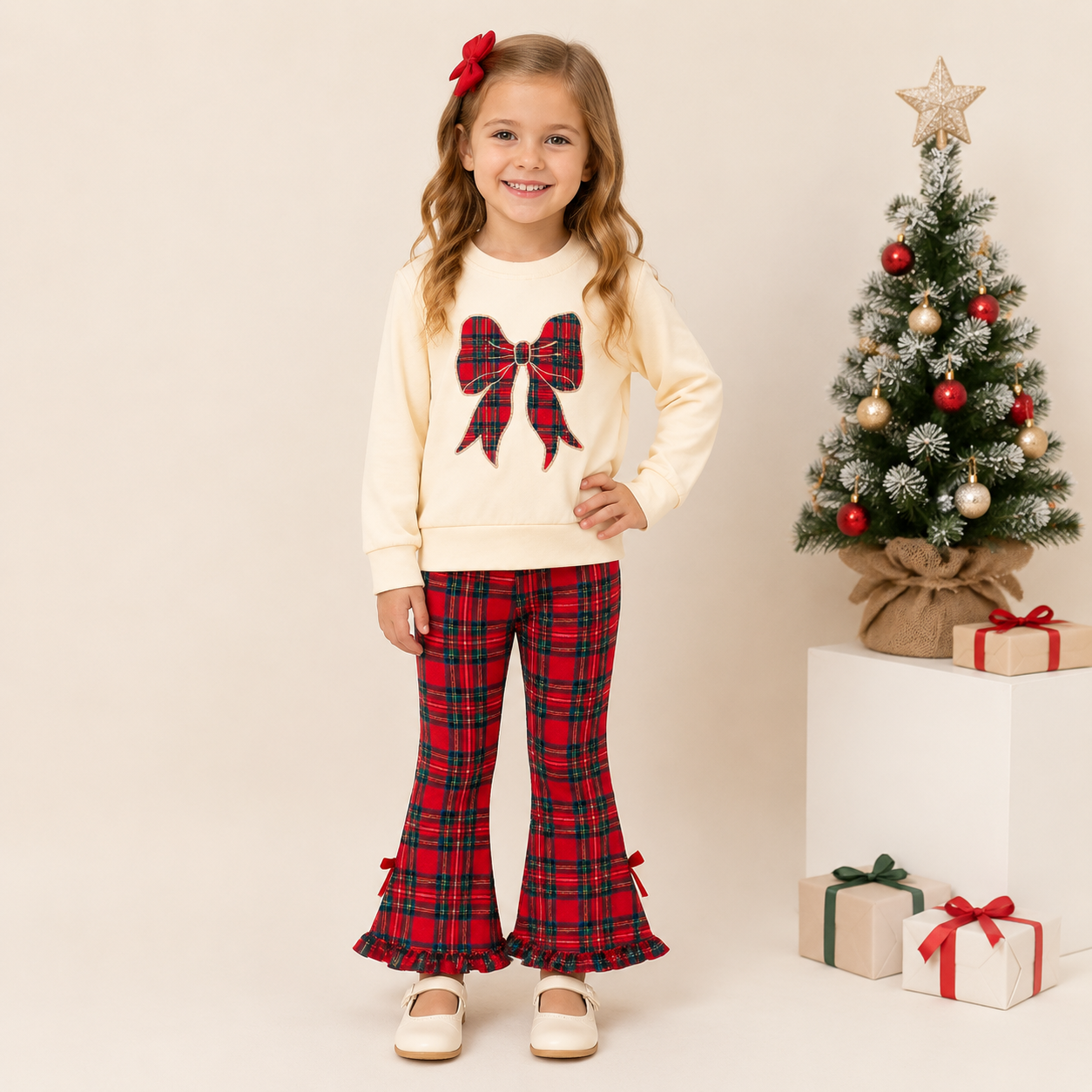 (In Stock)Girls Christmas Bow Applique Outfit Set