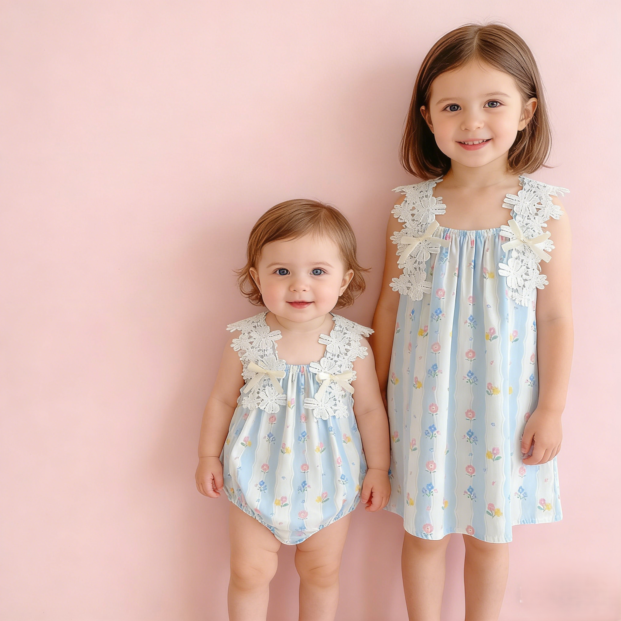 (In Production)Sisters Spring&Summer Floral Print Lace Slip Dress,Romper