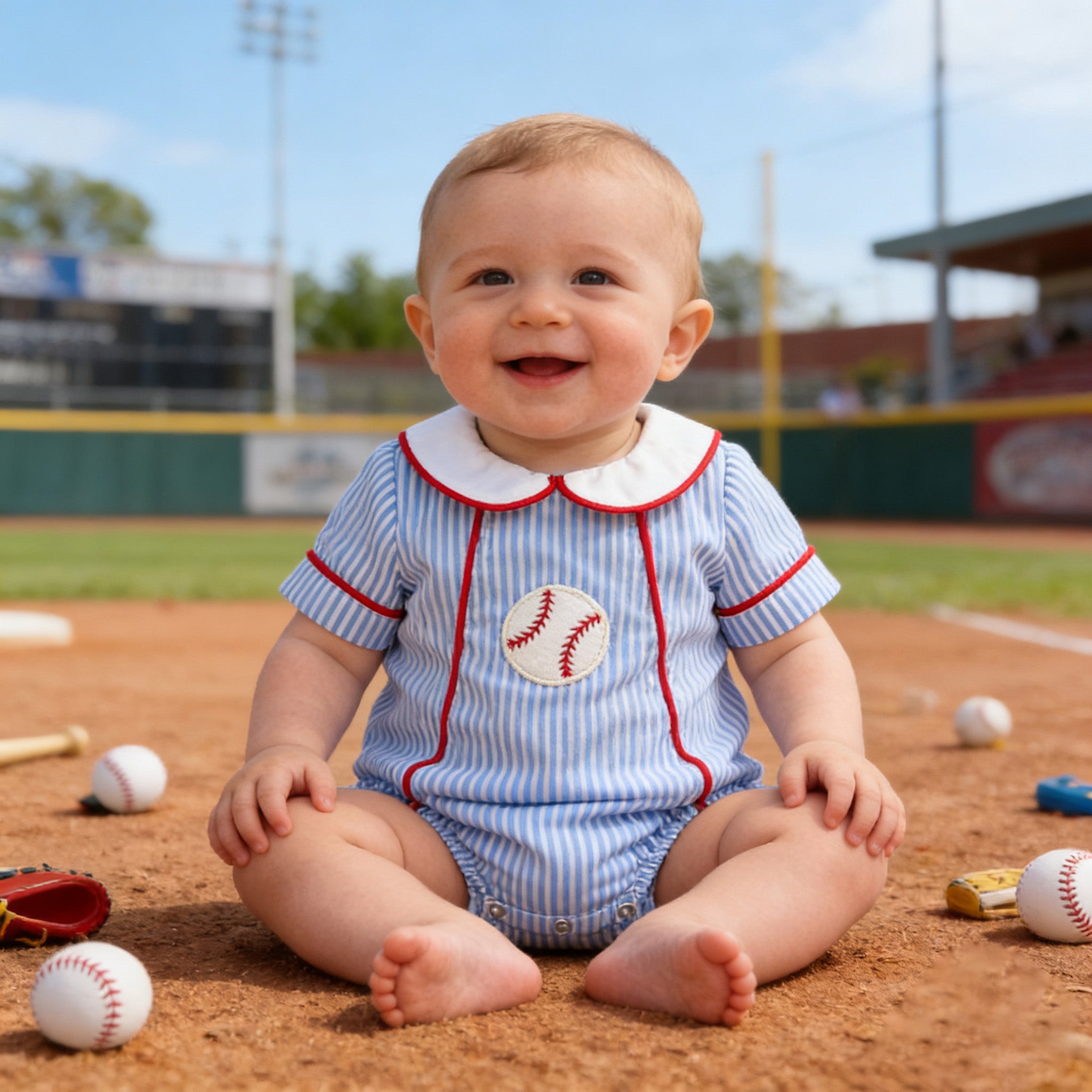 (In Stock)Siblings Spring&Summer Baseball Applique Cotton Dress&Romper