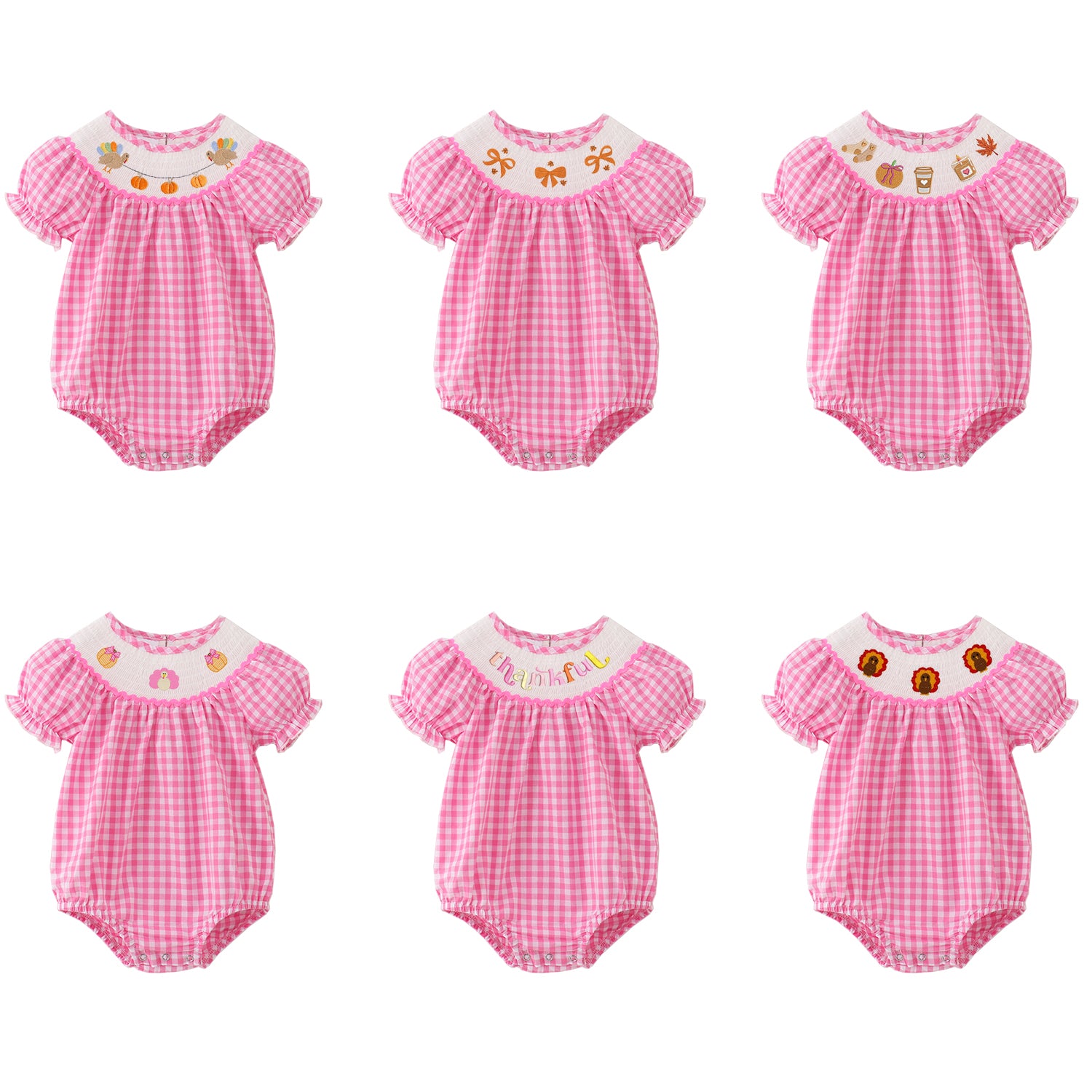 (Pre Order)Baby Girls Pink Plaid Thanksgiving Embroidery Smocked Romper