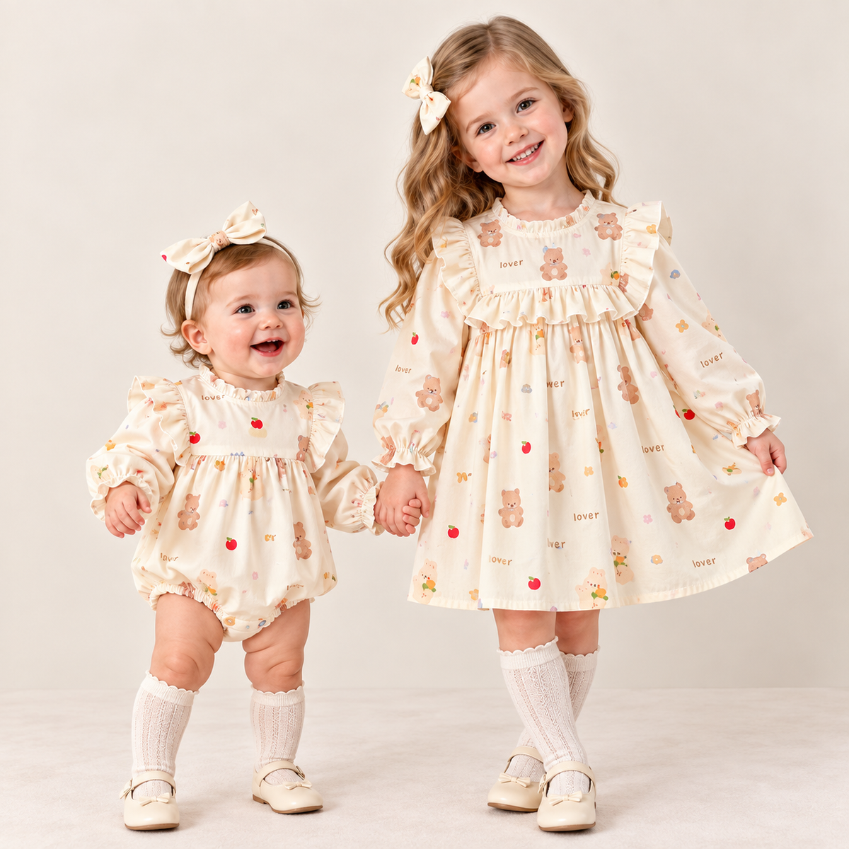 (Pre Order 2 Weeks)Sisters Fall Bear Print Ruffle Dress&Romper