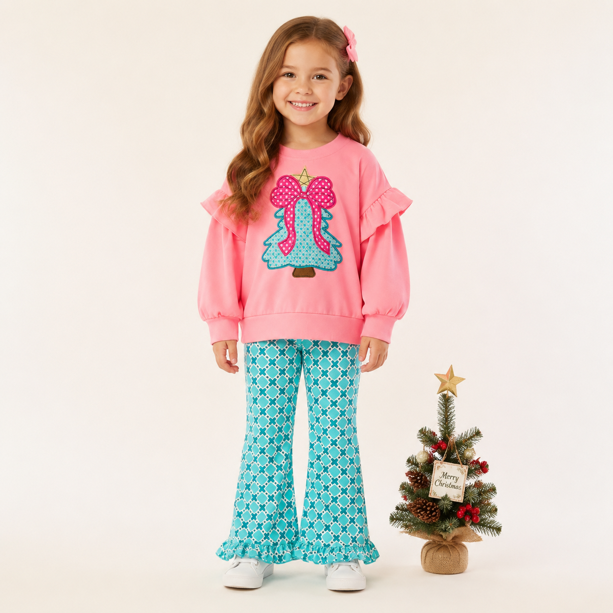 (In Stock)Girls Christmas Applique Cotton Outfit Set