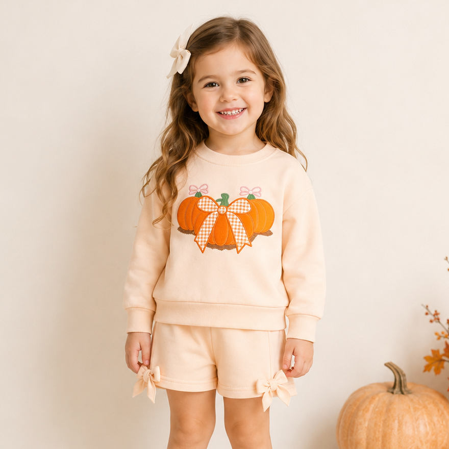 (In Stock)Girls Pumpkin Applique Cotton Shorts Set