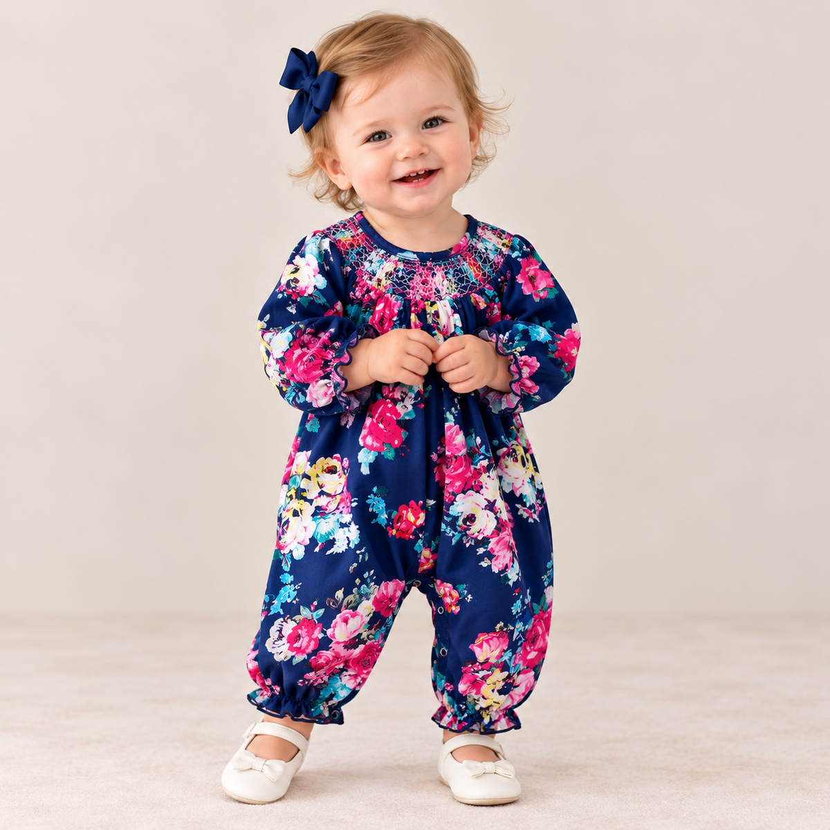 (In Stock)Toddler Girls Fall Floral Print Smocked Romper
