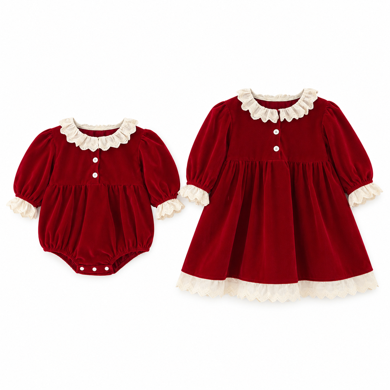 (Pre Order 2 Weeks)Sisters Red Velvet Lace Dress&Romper