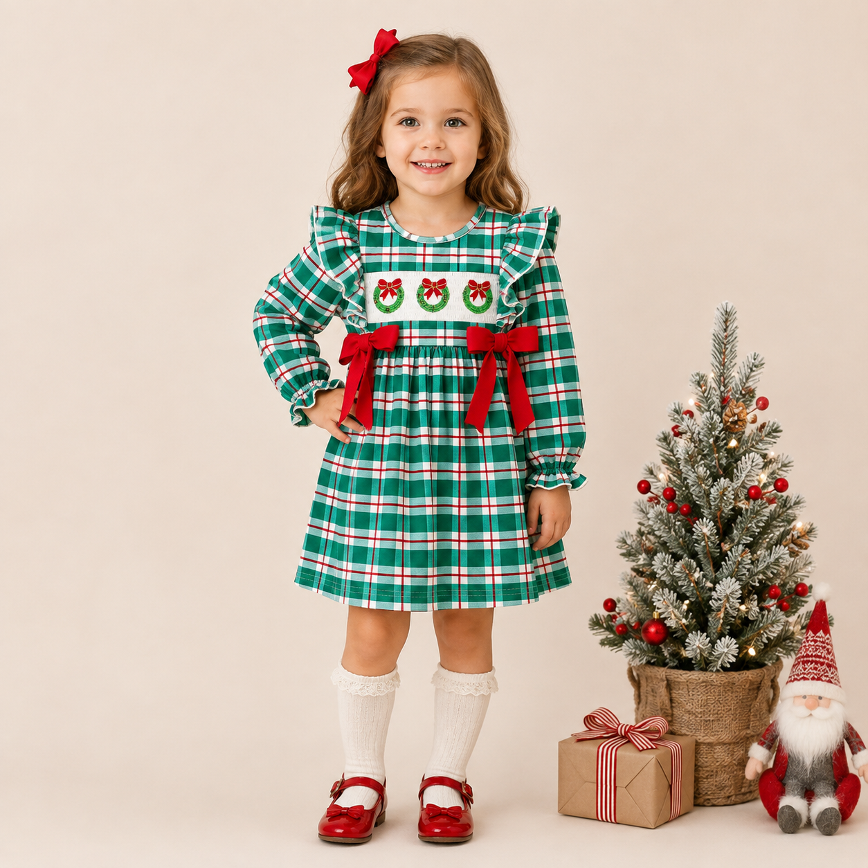 (In Stock)Girls Christmas Embroidery Smocked Dress