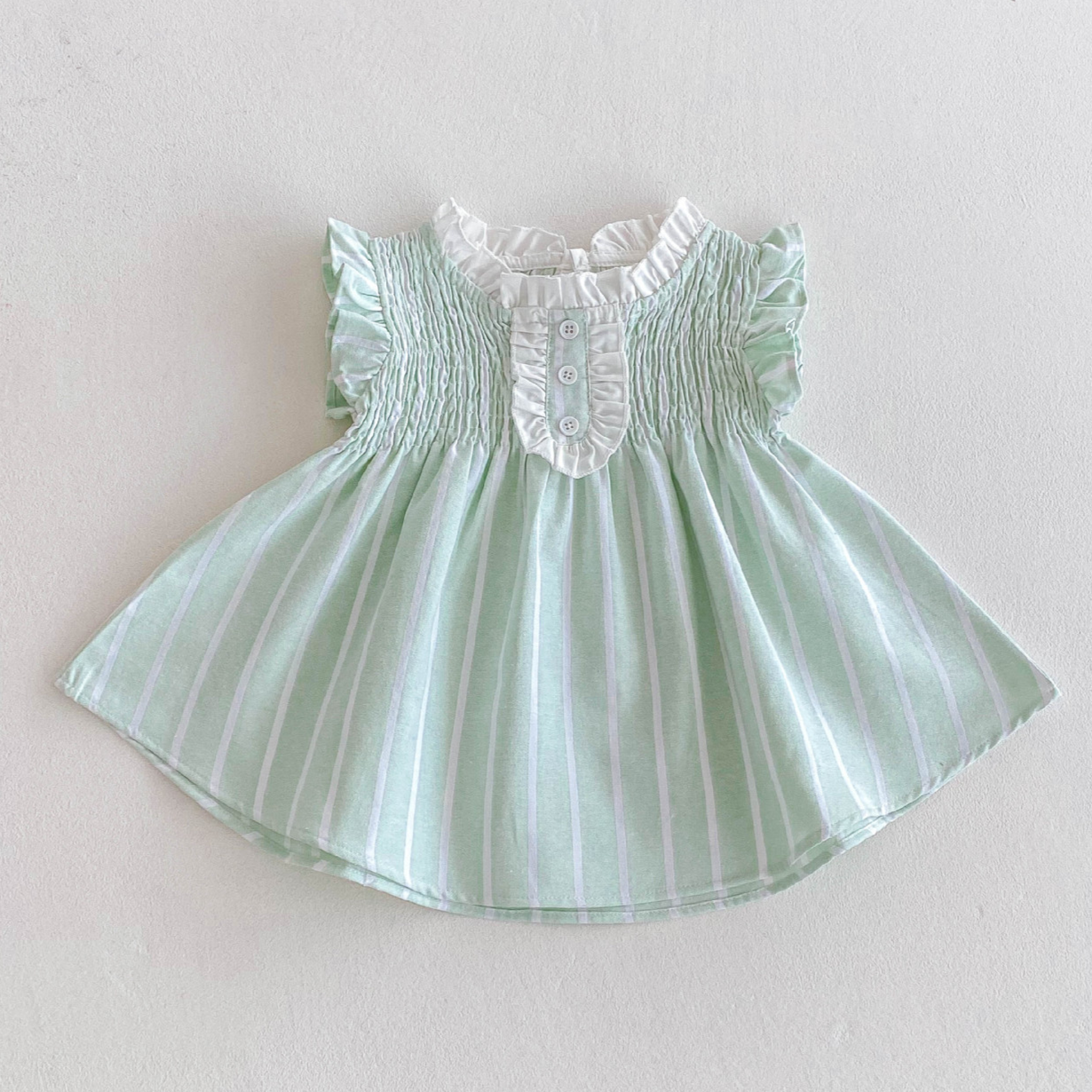 (In Production)Girls Spring and Summer Mint Smocked Stripe Dress
