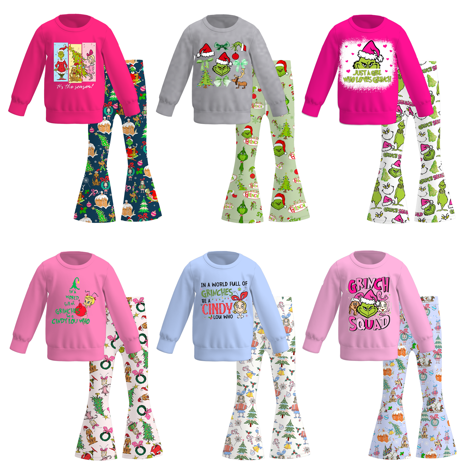 (Pre Order)Girls Christmas Cartoon Print Sweatshirt Bell Pants Set