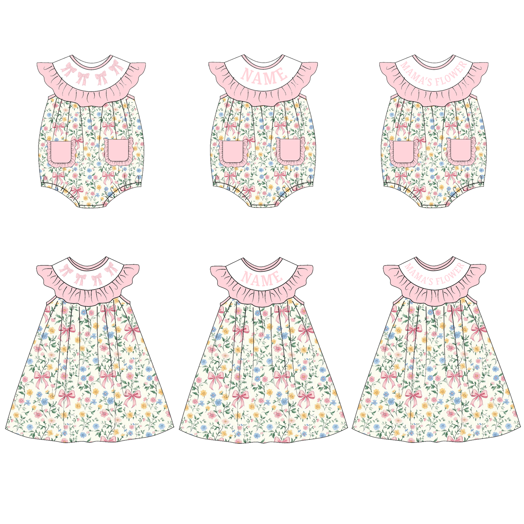 (Pre Order)Mommy and Me MAMAS FLOWER&Bow Embroidery Smocked Dress,Romper