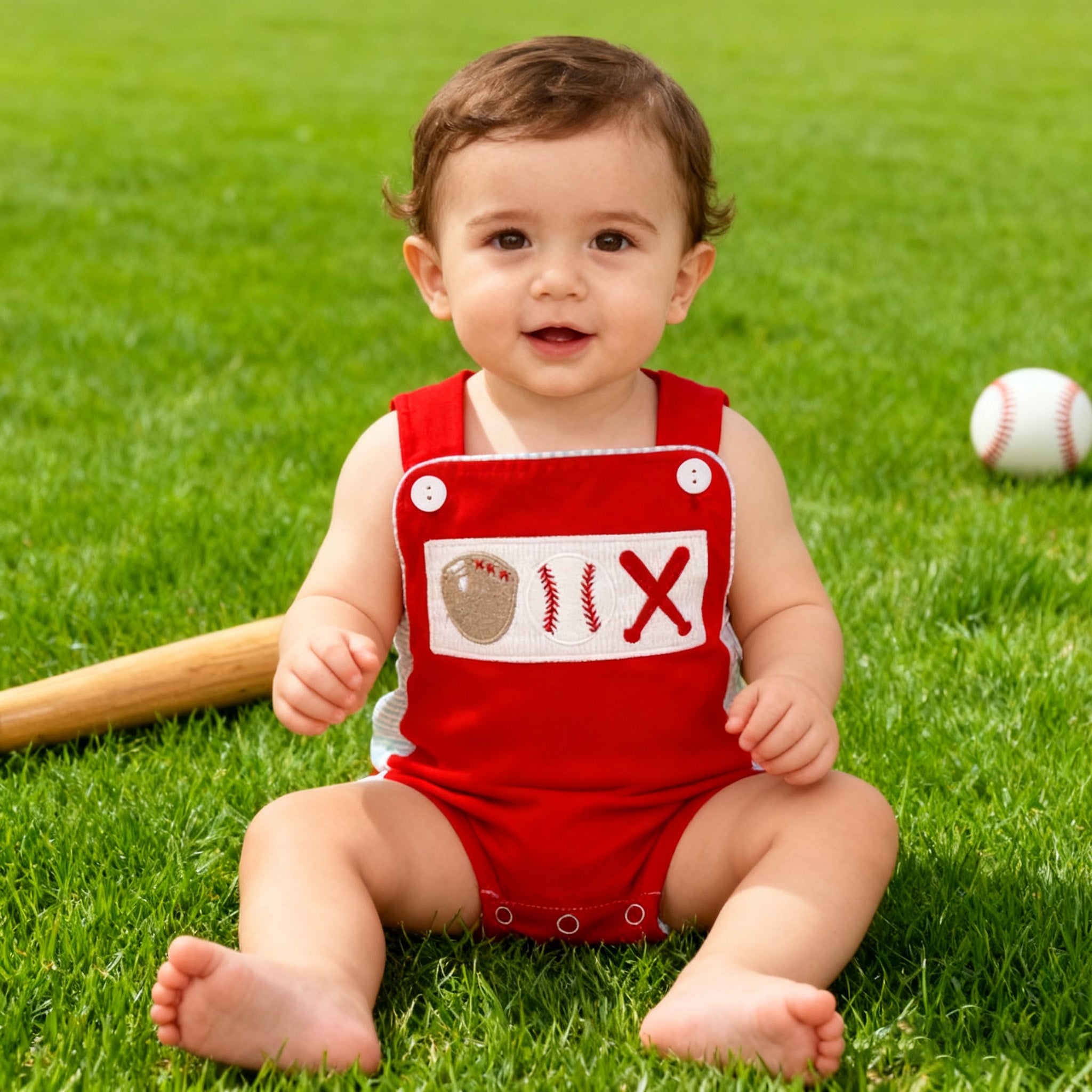(In Stock)Toddler Boys Spring and Summer Baseball Embroidery Smocked Romper