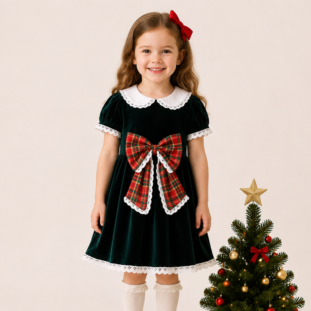 In Stock）Girls Christmas Bow Velvet Dress