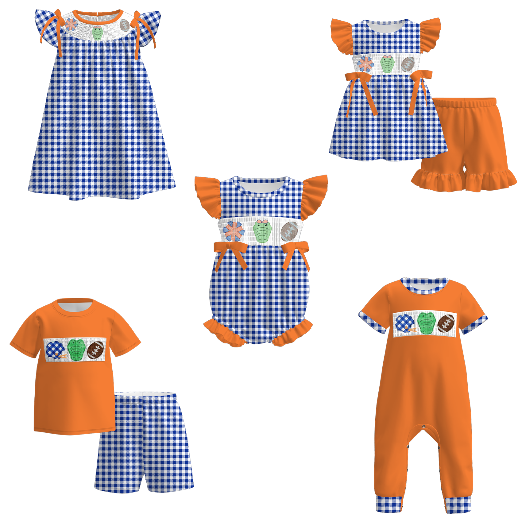 (Pre Order)Family Football Florida Embroidery Smocked Dress,Set&Romper