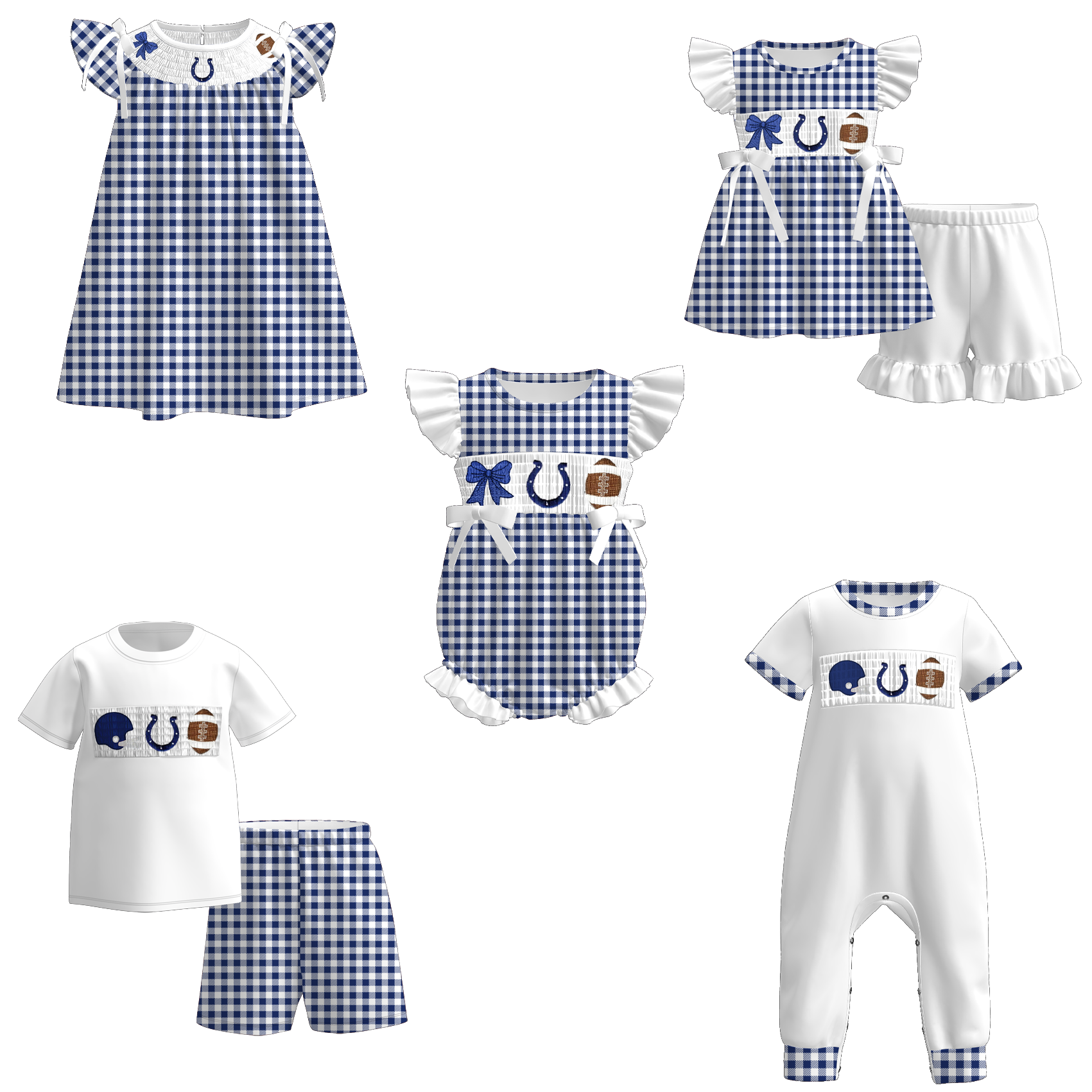 (Pre Order)Family Football Indianapolis Embroidery Smocked Dress,Set&Romper