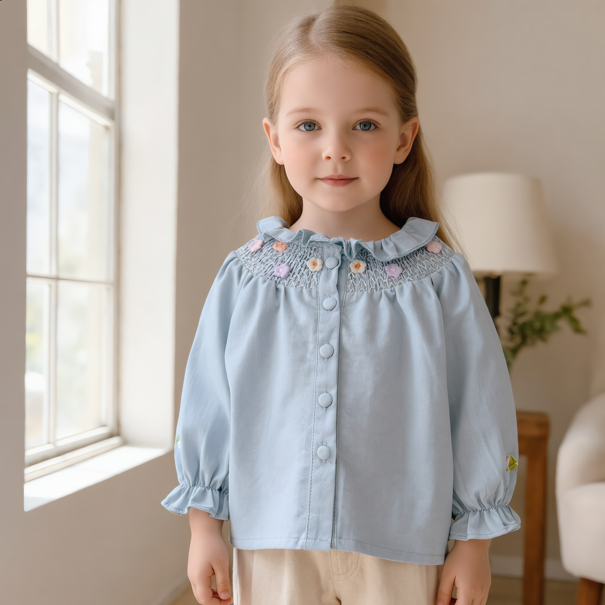 (Pre Order 2 Weeks)Girls Fall Floral Smocked Ruffle Shirt