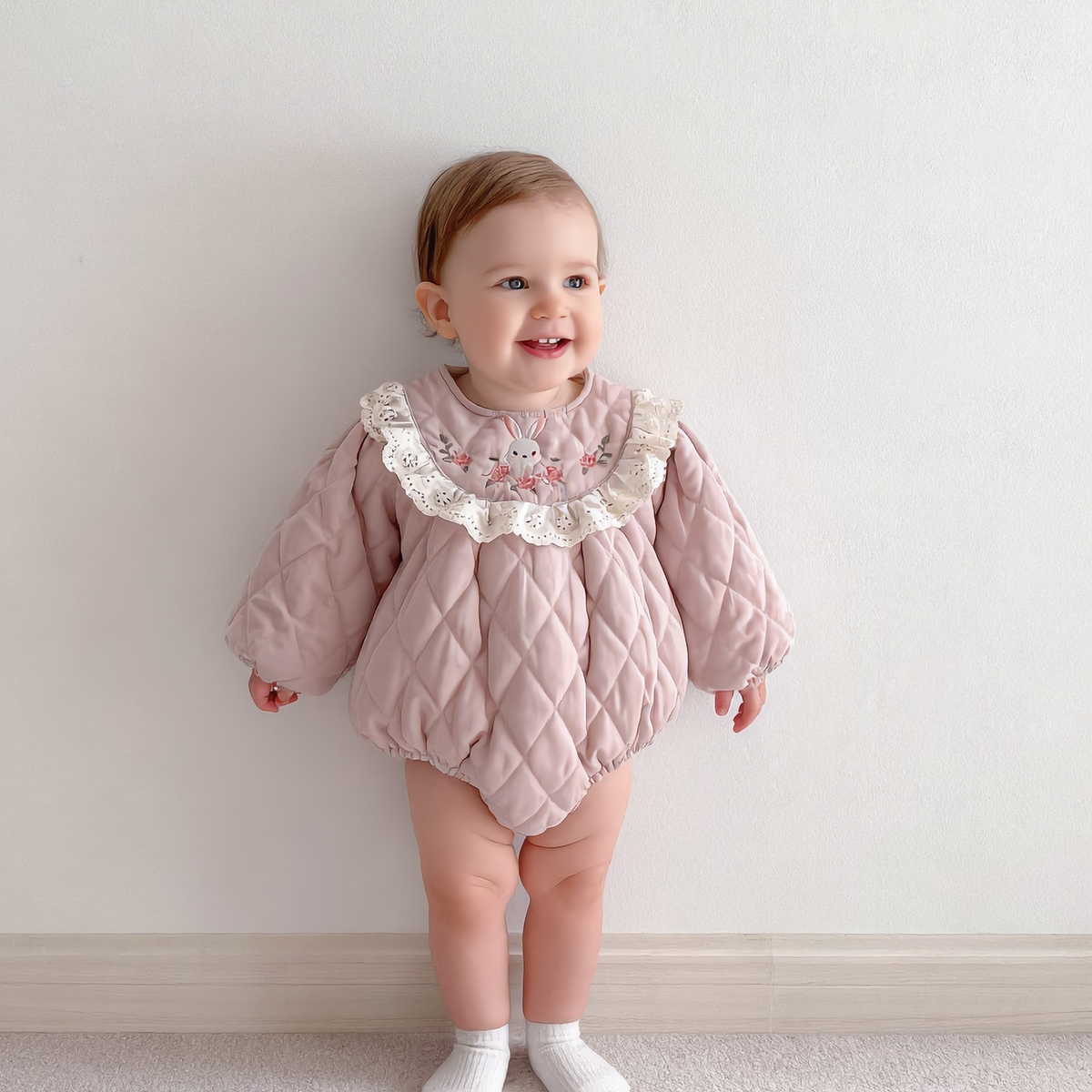 (Pre Order 2 Weeks)Toddler Girls Fall Bunny Embroidery Romper