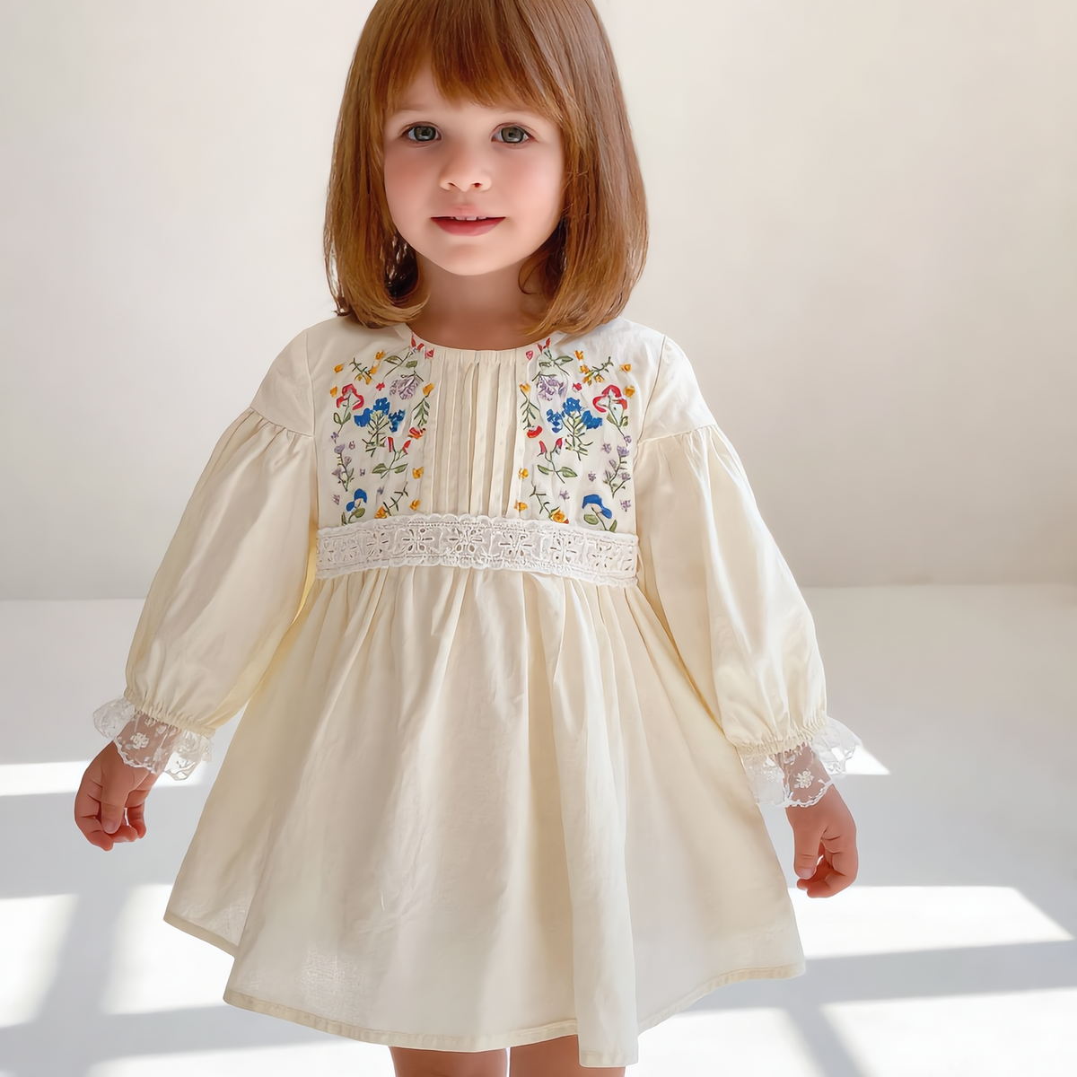 (Pre Order 2 Weeks)Girls Fall&Spring Floral Embroidery Dress