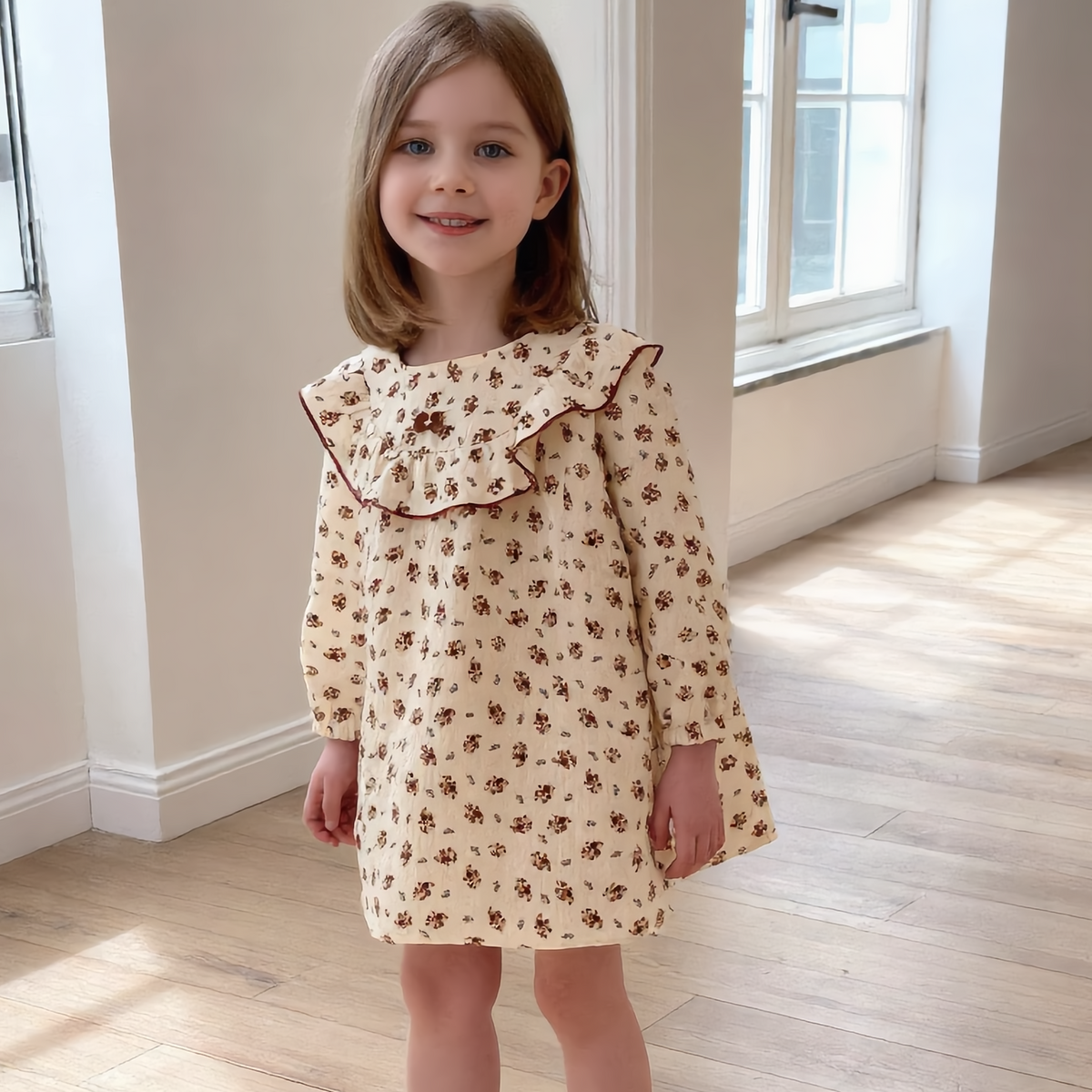 (Pre Order 2 Weeks)Girls Fall&Spring Floral Print Ruffle Dress