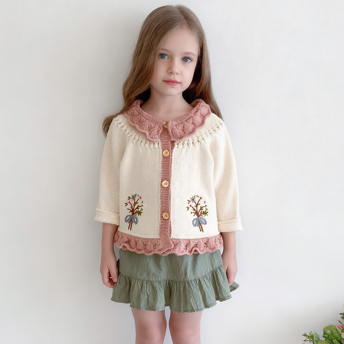 (Pre Order 2 Weeks)Girls Fall Floral Embroidery Sweater Cardigan