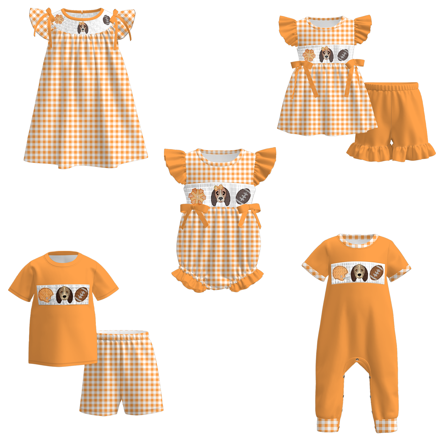 (Pre Order)Family Football Tennesses Embroidery Smocked Dress,Set&Romper