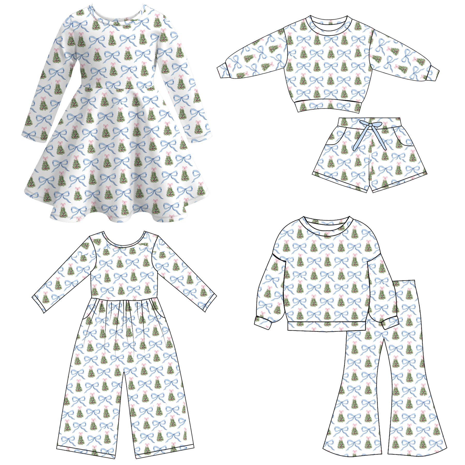 (Pre Order)Girls Christmas Tree Print Dress,Set&Jumpsuit