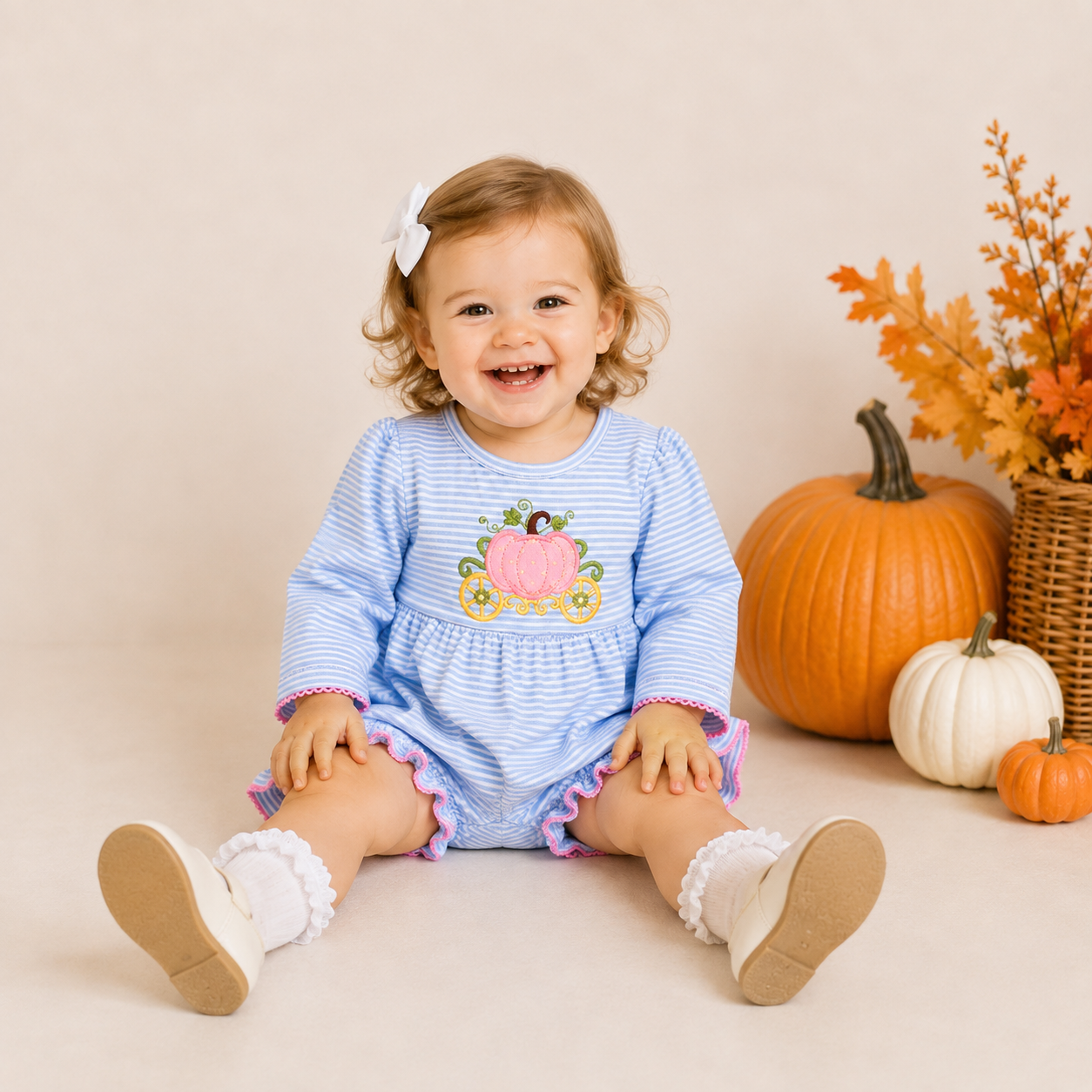 （In Stock）Toddler Girls Pumpkin Applique Cotton Romper