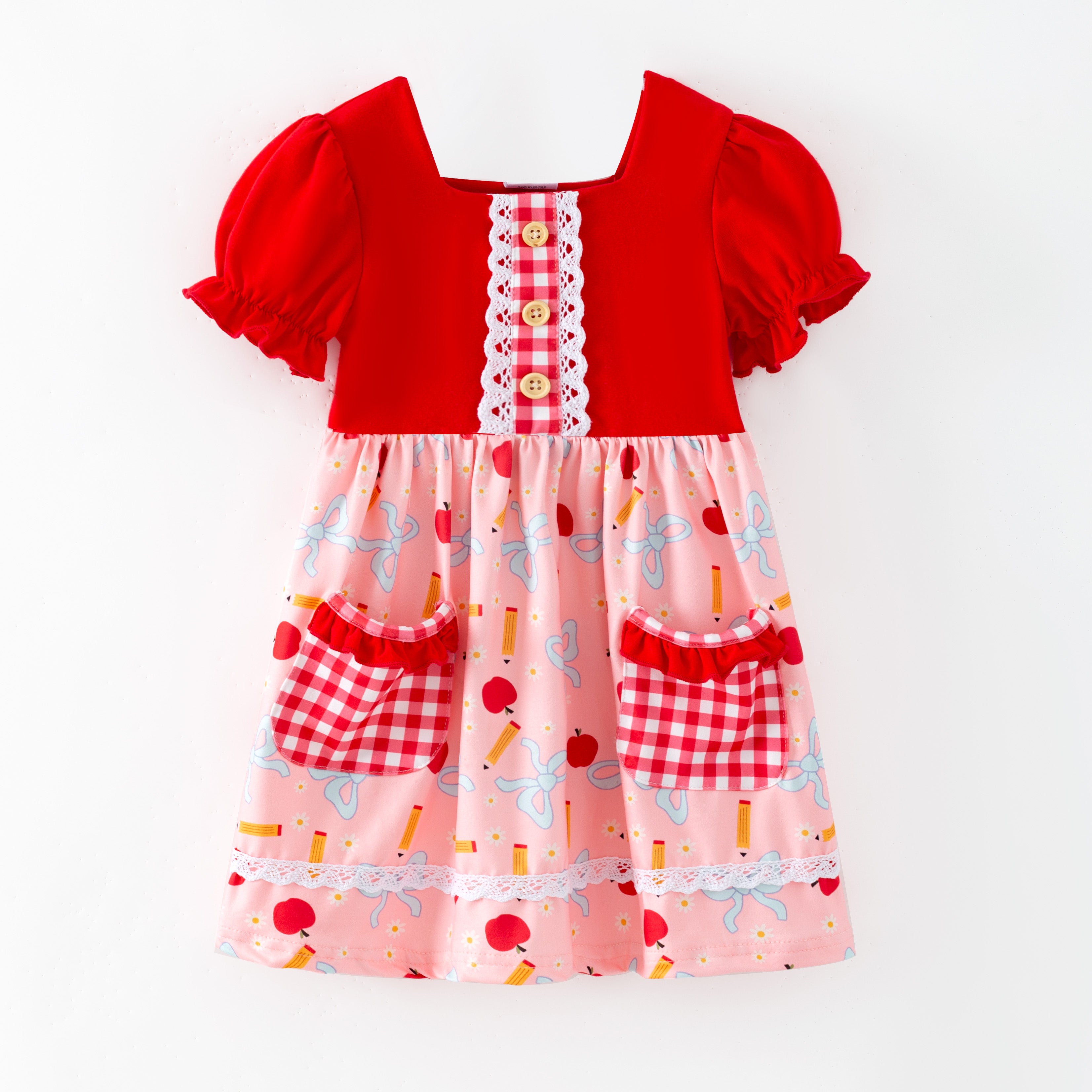 （In Stock）Girls Back To School Apple&Pencil Print Dress with Pockets