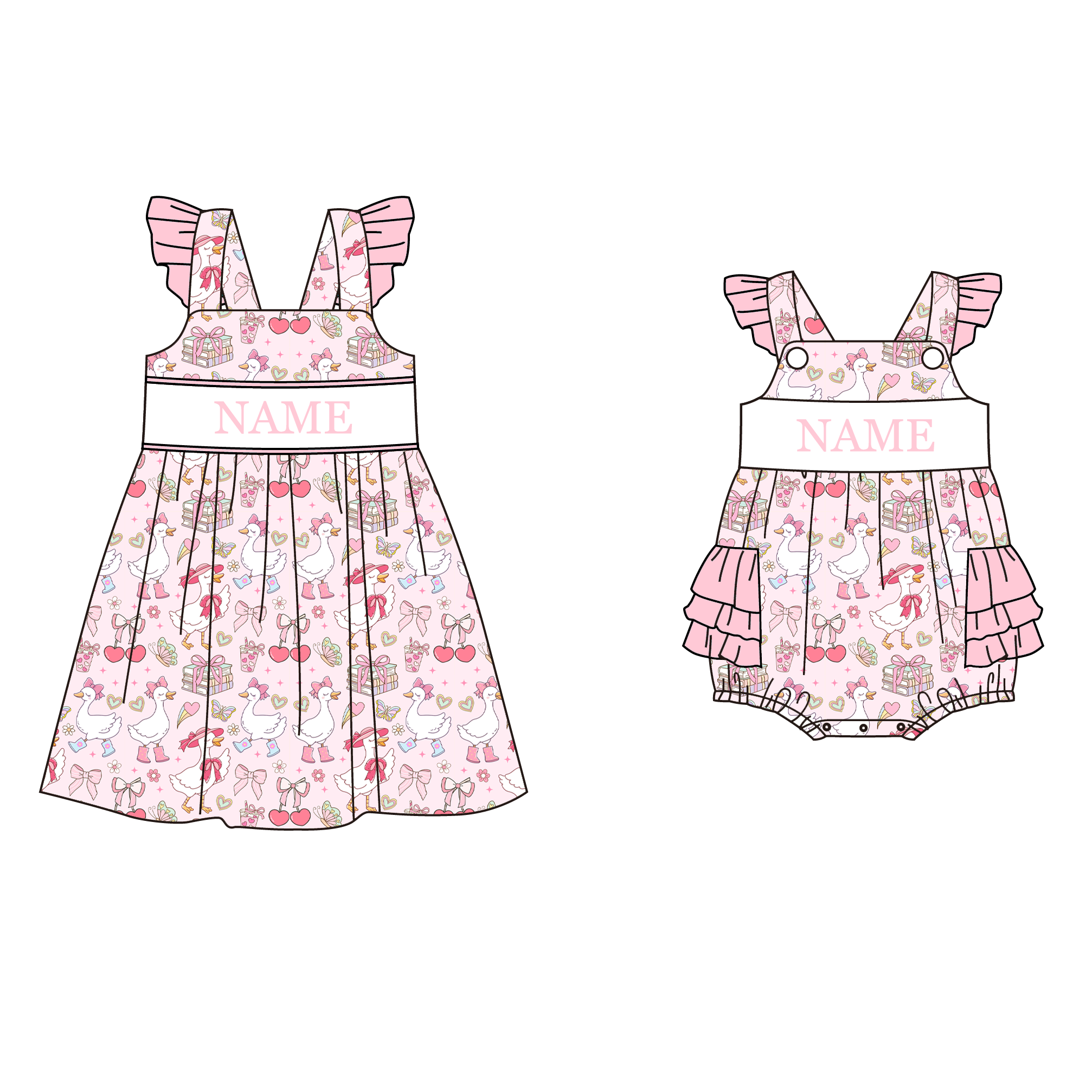 （Pre Order）Sisters Spring&Summer Goose Embroidery Smocked Dress&Romper-Customized name