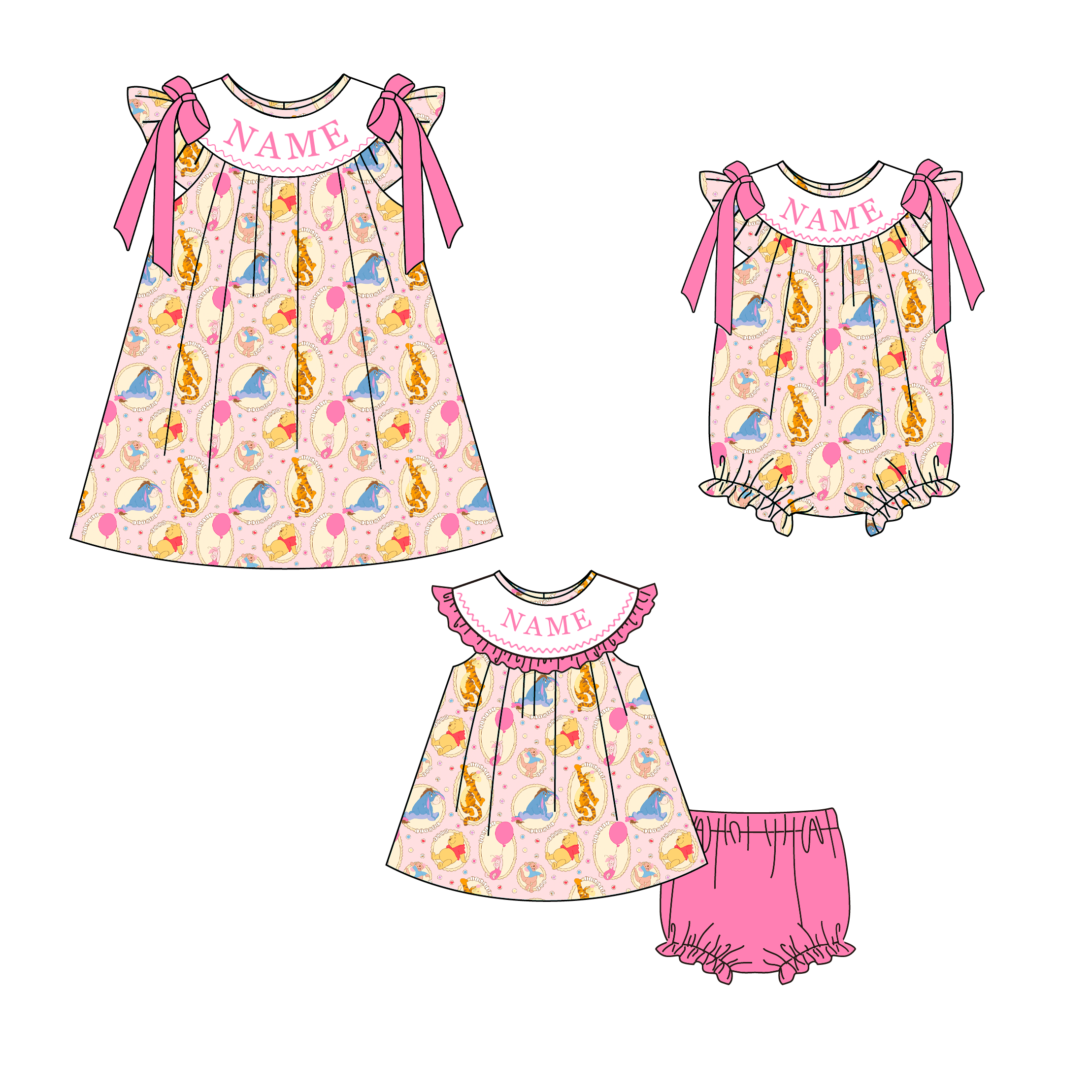 （Pre Order）Sisters Spring&Summer Cartoon Embroidery Smocked Dress,Set&Romper-Customized name