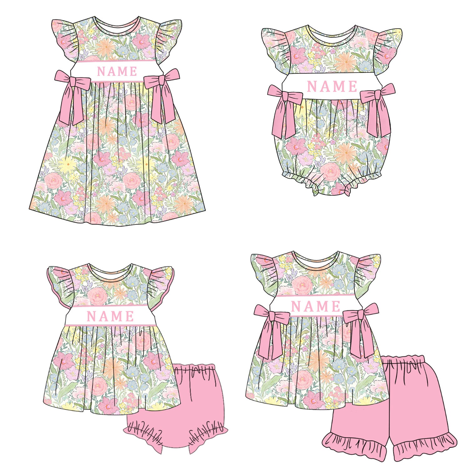 （Pre Order）Sisters Spring&Summer Floral Embroidery Smocked Dress,Set&Romper-Customized name