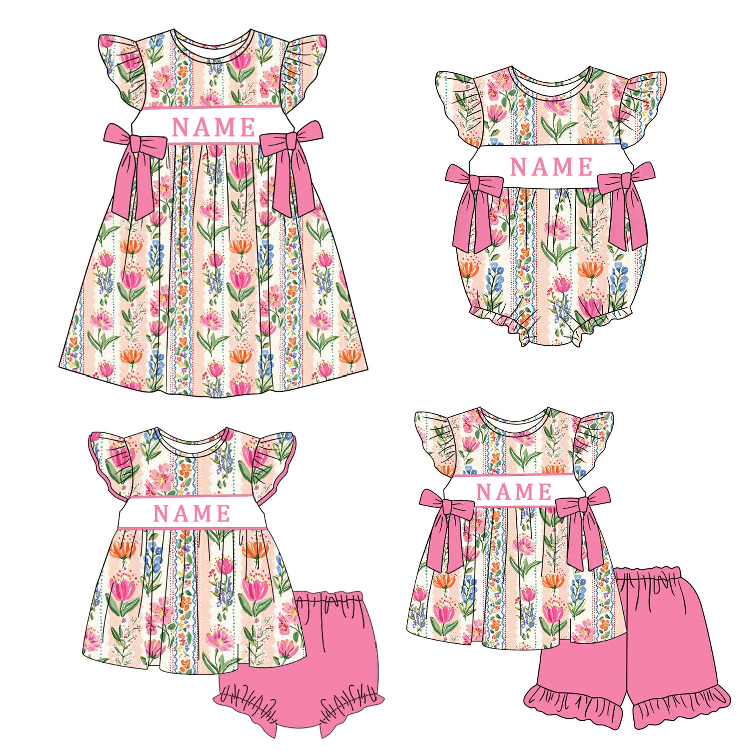 （Pre Order）Sisters Spring&Summer Floral Embroidery Smocked Dress,Set&Romper-Customized name