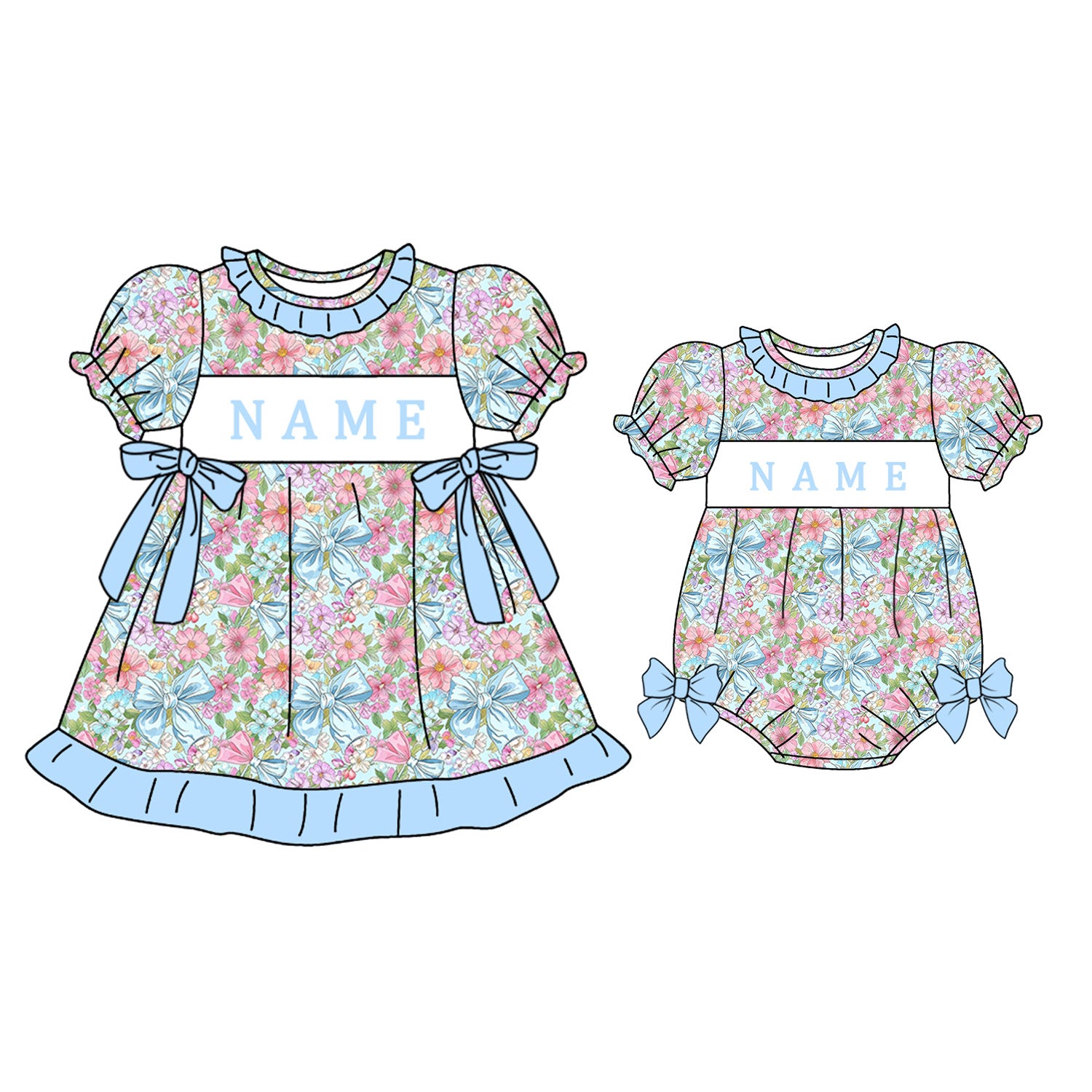 （Pre Order）Sisters Spring&Summer Floral Embroidery Smocked Dress&Romper-Customized name