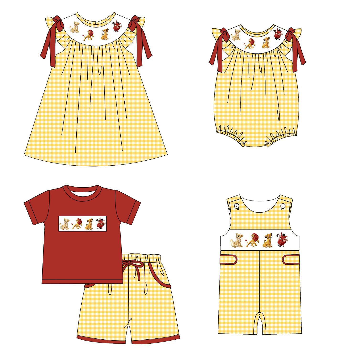 （Pre Order）Siblings Spring&Summer Cartoon Lion Embroidery Smocked Dress,Set&Romper
