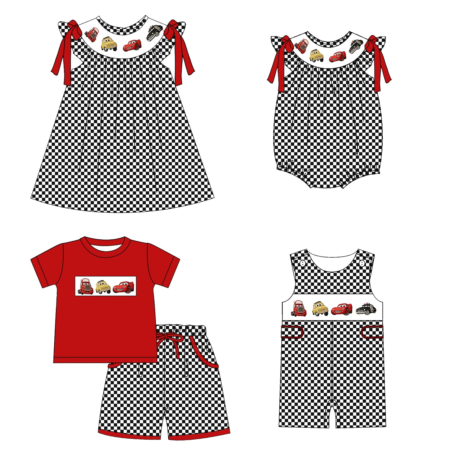（Pre Order）Siblings Spring&Summer Cartoon Car Embroidery Smocked Dress,Set&Romper