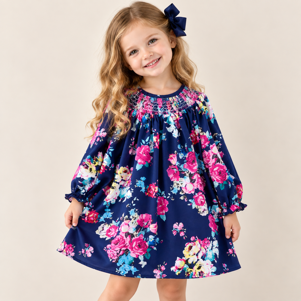 （In Stock）Girls Fall Floral Print Smocked Dress