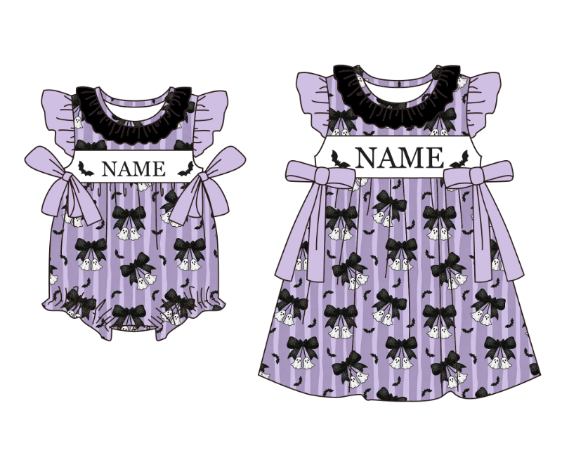 （Pre Order）Girls Halloween Ghost Embroidery Smocked Dress&Romper-Customized name