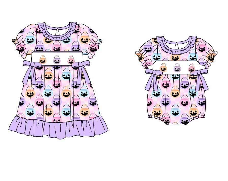 （Pre Order）Girls Halloween Pumpkin Embroidery Smocked Dress&Romper-Customized name