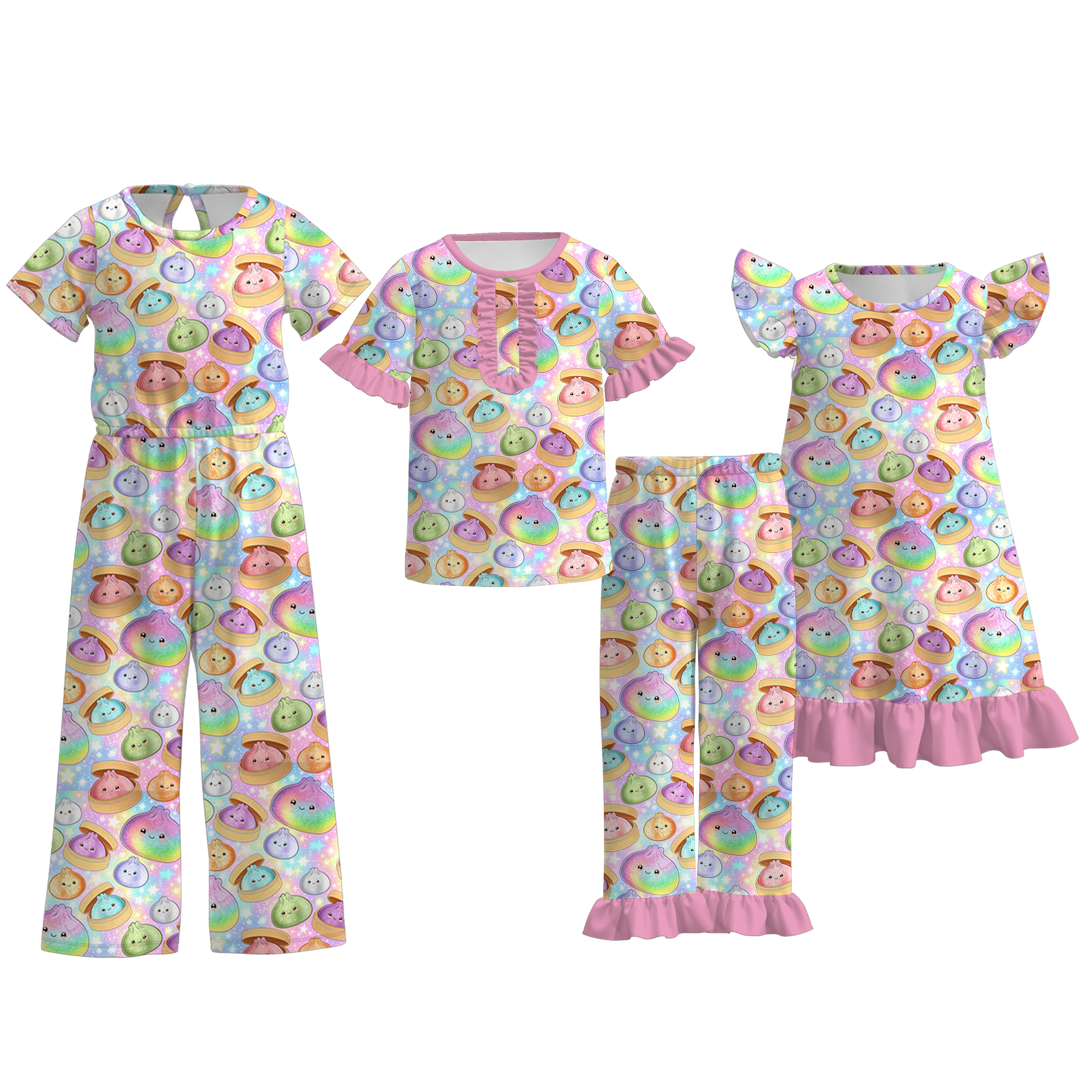 （Pre Order）Girls Fall Dumplings Print Pajamas&Jumpsuit