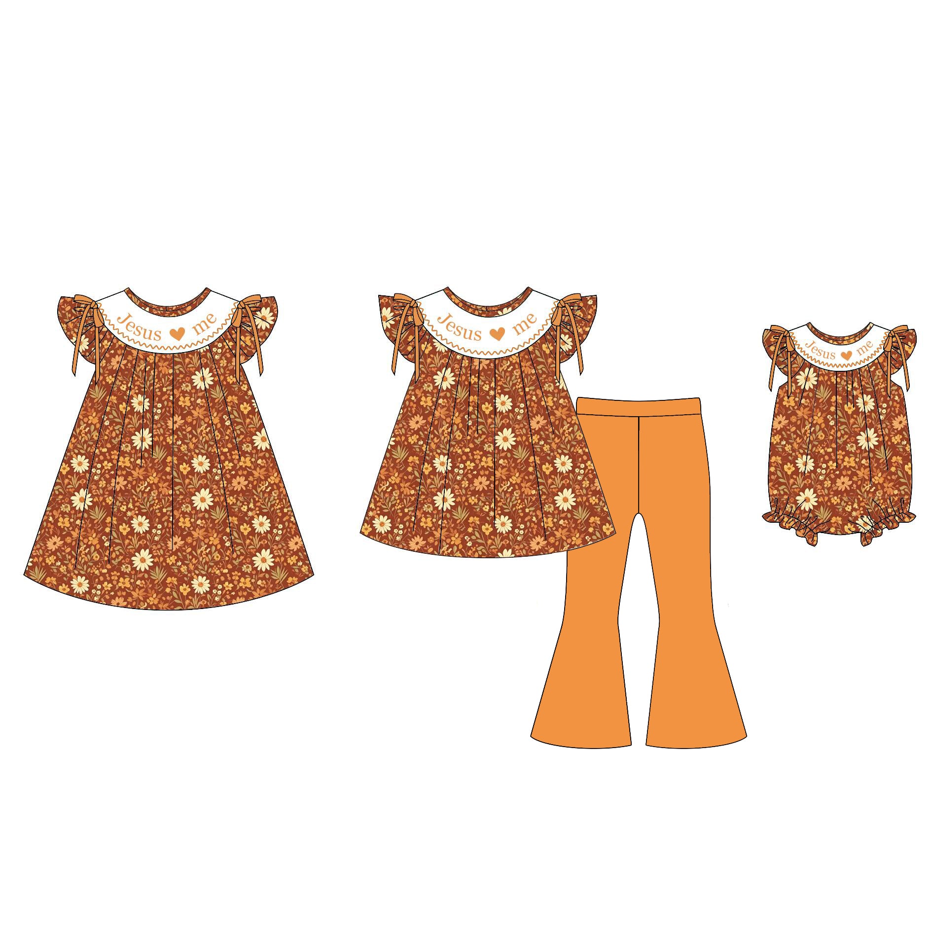 （Pre Order）Girls Fall Embroidery Smocked Dress,Set&Romper