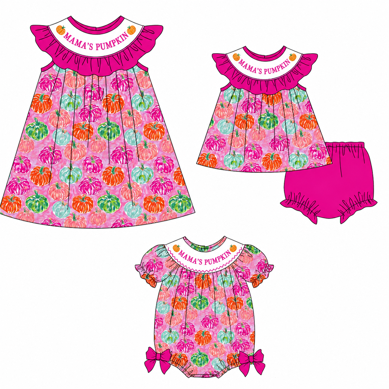 （Pre Order）Sisters Pumpkin Embroidery Smocked Dress,Set&Romper