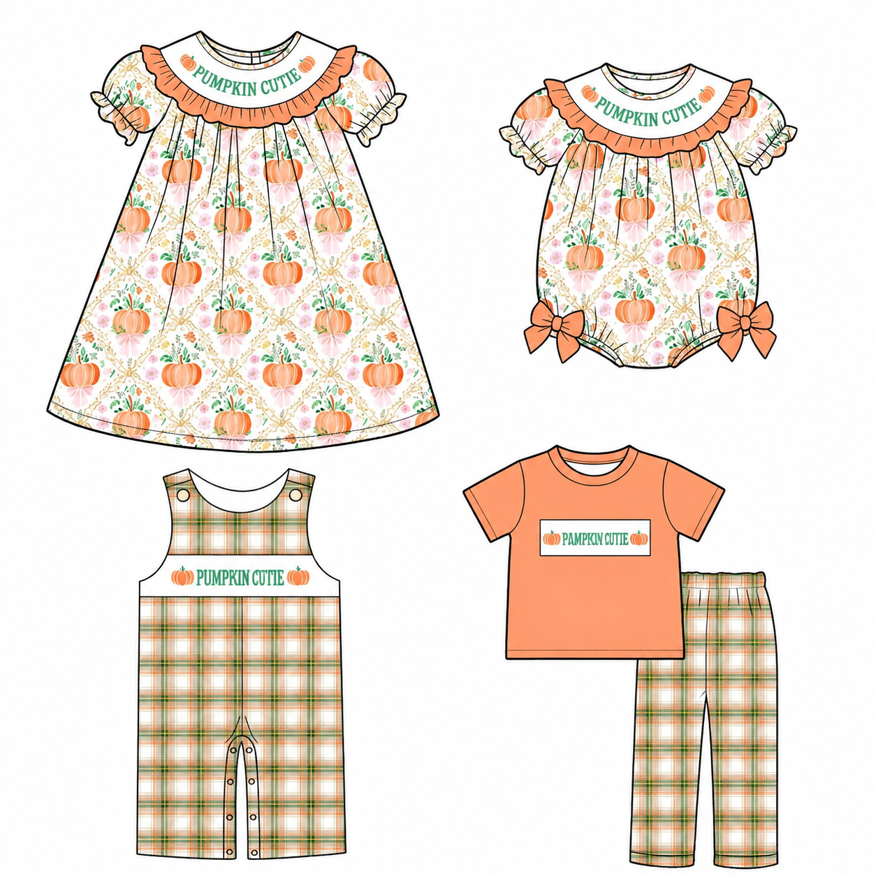（Pre Order）Siblings Pumpkin Embroidery Smocked Dress,Set&Romper