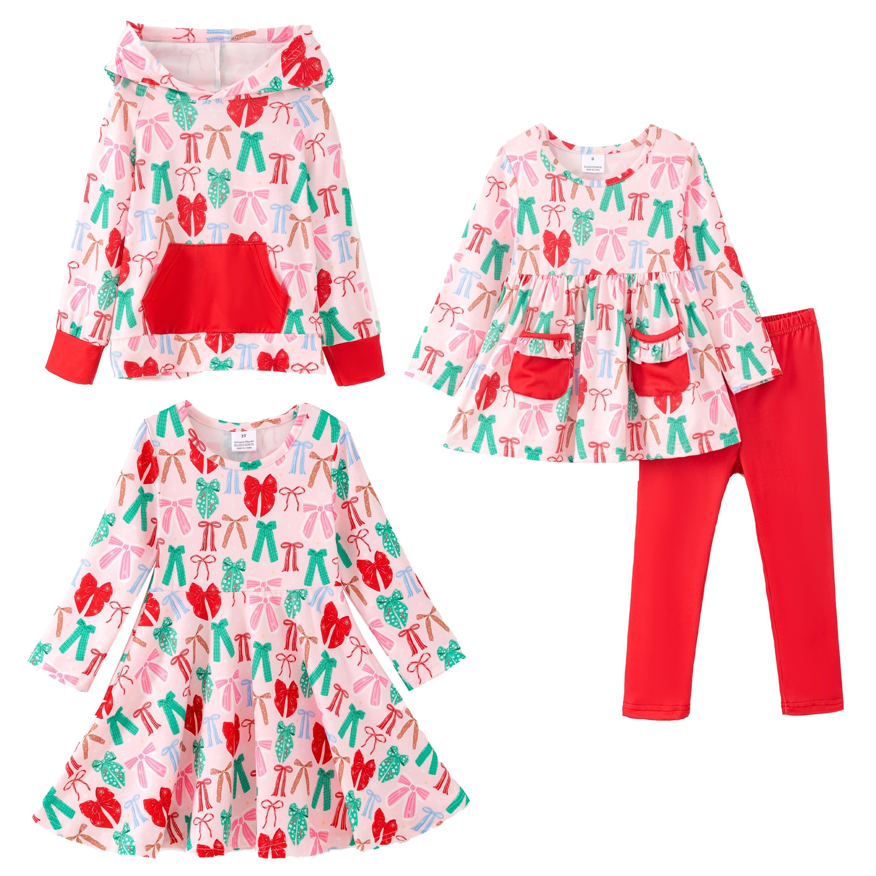 （Pre Order,Prepack Zone）Girls Christmas Bow Print Dress,Set&Top