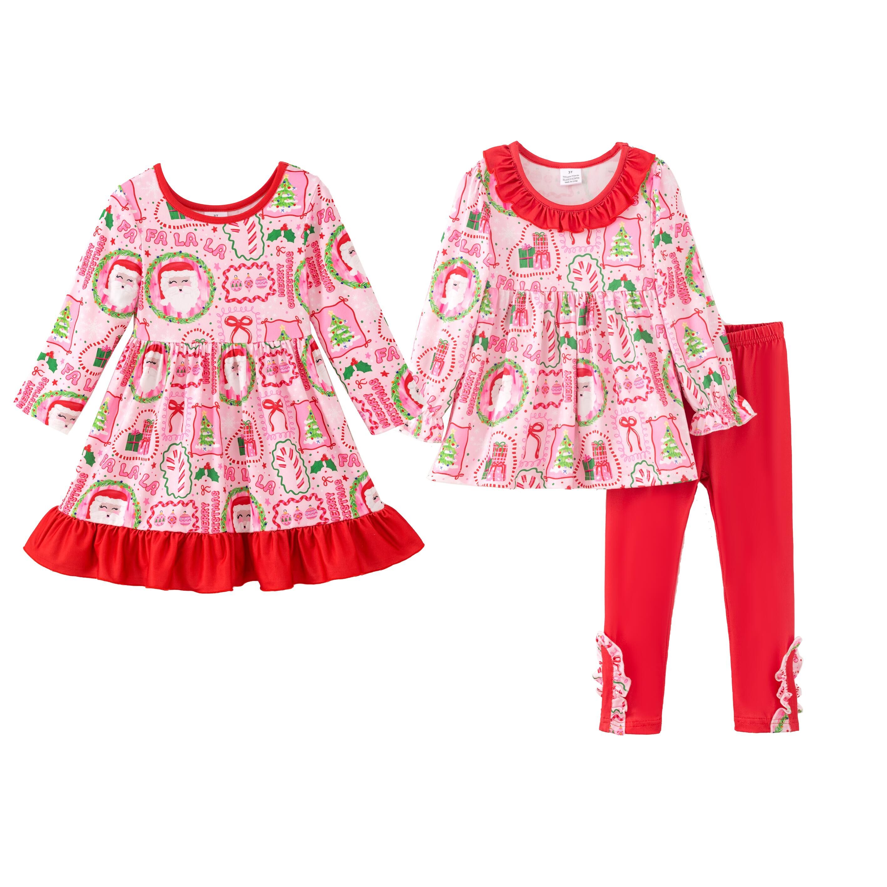（Pre Order,Prepack Zone）Girls Christmas Santa Claus Print Dress&Set